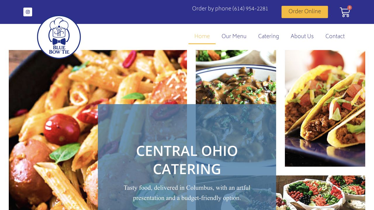 Blue Bow Tie Catering homepage and food presentation